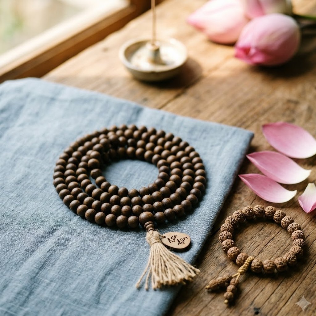 Chuỗi hạt gỗ trên khăn lam bên cánh sen (ảnh minh hoạ AI)