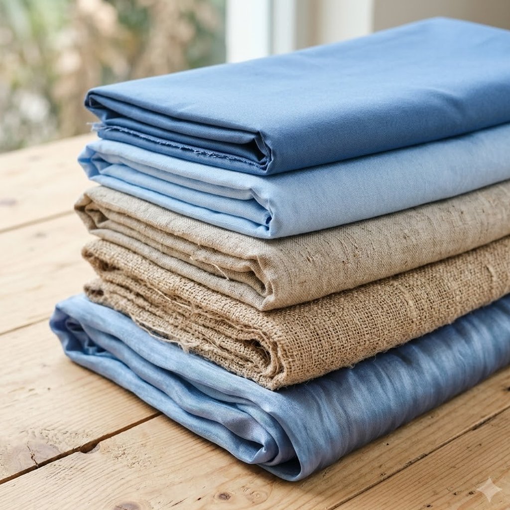 Các xấp vải kate, cotton, linen, đũi, lụa xếp chồng (ảnh minh hoạ AI)